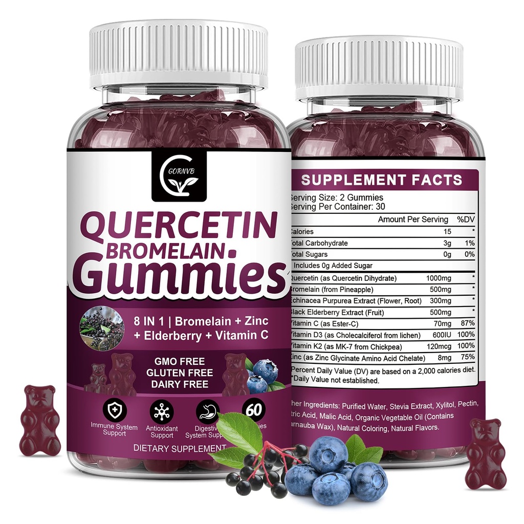 Quercetin Gummies med Bromelain 2378mg - Blend med Elderberry, Echinacea Purpurea Extract, Zink, Vitamin C,D3, K2, Complex stöder Immune, Cardiovascular & Respiratory, Vegan Gummy för vuxen & Kid