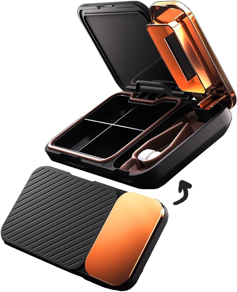 MURRI & MURRDI Pill Organizer och Crusher, Portable Pill Splitter och Cutter, Medicine Case 4 Cells Vitamin Dispenser Holder (D Black)