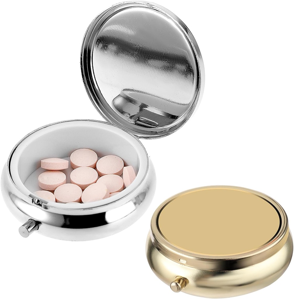 2Pcs Pill Box Small Pill Case for Purse or Pocket, Portable Cute Pill Container Metal Pill Box Decorative Medicine, Vitamin, Fish Oil och Supplements Holder Organizer (Silver & Gold)