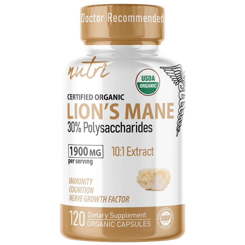 Naturens Fusions Nutri Organic Lions Mane Supplement Capsules - 1900 mg, 10:1 Dual Extraction, 120 greve - Mushroom Extract (Fruiting Body) - Tredje part testad