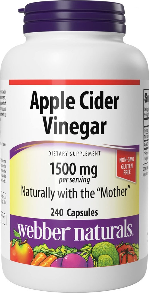 Webber Naturals Apple Cider Vinegar Capsules, ACV with Mother, 1500 mg per Serving, High Potency, 240 Capsules, Natural Digestion Support, Sugar, Dairy & Gluten Free
