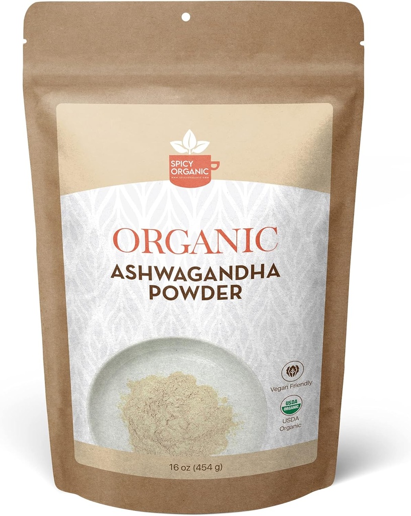 SPICY ORGANIC Organic Ashwagandha Root Powder - 1 lb, Non-GMO, 100% Raw från Indien - Indisk Ginseng (Withania Somnifera) - Natural Stress Support, Energy & Immune Health