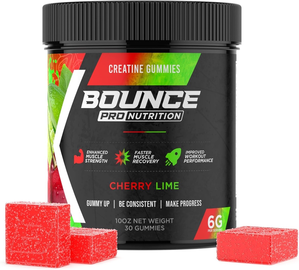 Bounce Pro Creatine Monohydrate Gummies for Men & Women, Low Calorie, 6G of Creatine per Serving, Vegan, Anti-Melting, Gluten-Free, Non-GMO, 2g of Creatine per Gummy (30ct, Cherry Lime)