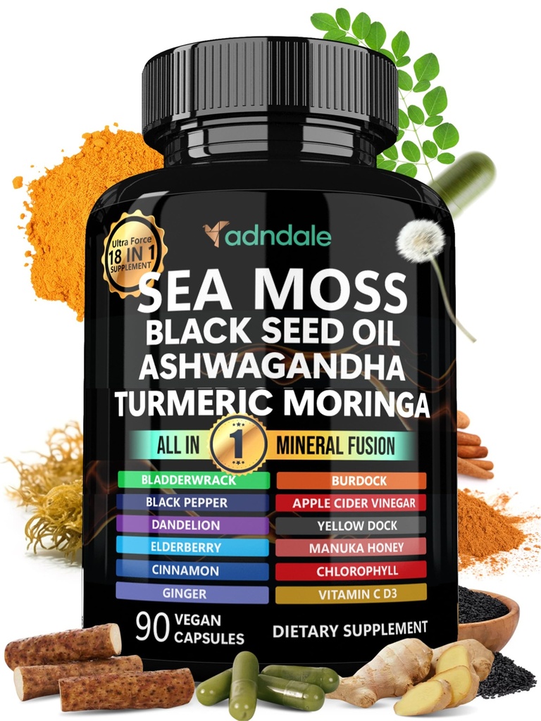 Adndale Sea Moss Black Seed Oil Ashwagandha Ginger Capsules. SeaMoss Capsules med Black Seed Oil, Ashwagandha, Turmeric, Moringa, Bladderwrack, Burdock Root, Manuka Honey, Cinnamon