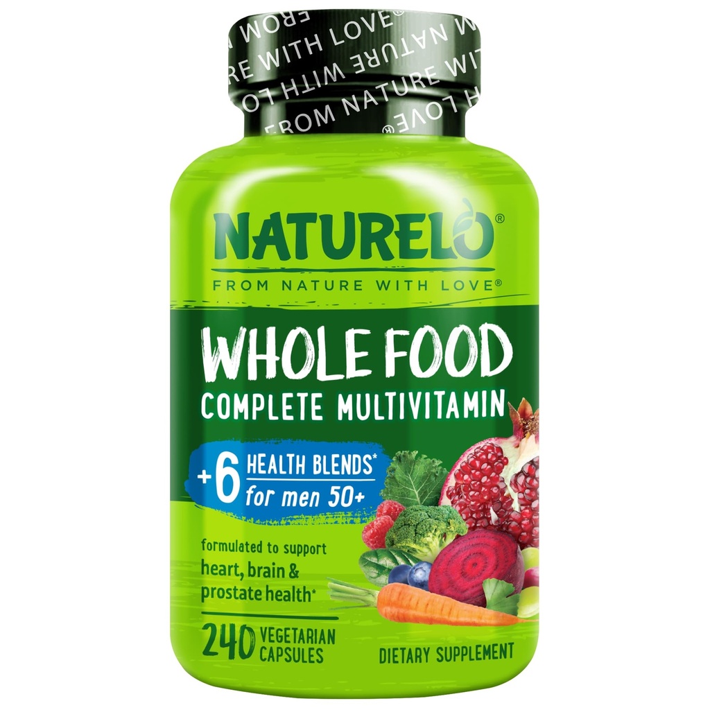 NATURELO Whole Food Multivitamin för Män 50 + - med vitaminer, mineraler, organiska växtbaserade extrakt - Vegan Vegetarian - för energi, hjärna, hjärta och ögonhälsa - 240 kapslar