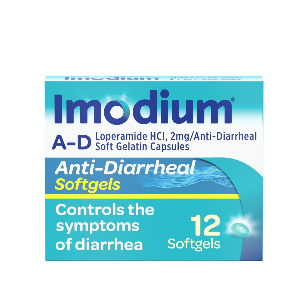 Imodium A-D Diarrhea Relief Softgels med Loperamide HCl, Anti-Diarrheal Medicine för att hjälpa till att kontrollera symptom på Diarré på grund av akut, resenärens Diarré, HSA / FSA Berättigad, 12 ct