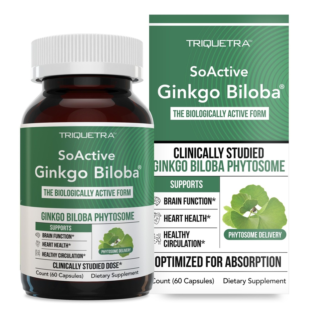 SoActive Ginkgo Biloba med GinkgoSelect® Phytosome | Clinically Studied Enhanced Absorption for Brain, Heart & Memory Support - 180 mg - Hjälper till att upprätthålla cirkulation och kognitiv hälsa (60 kapslar)