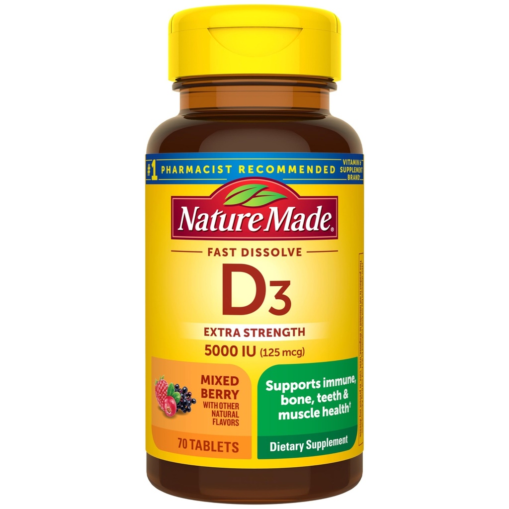Nature Made Vitamin D3 5000 IE (125 mcg) Extra Styrka, D-vitamintillskott för immunstöd, 70 sockerfria snabba lösa tabletter, 70 dagars leverans