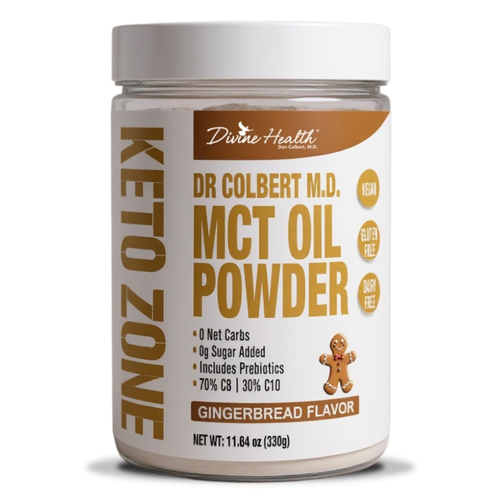 Divine Health Keto Zone® MCT Oil Powder | Gingerbread | 330 G | 30 Day Supply | Dr Colberts Keto Zone Diet Book | Coffee Creamer | 70% C8 30% C10 | 0 Net Carbs