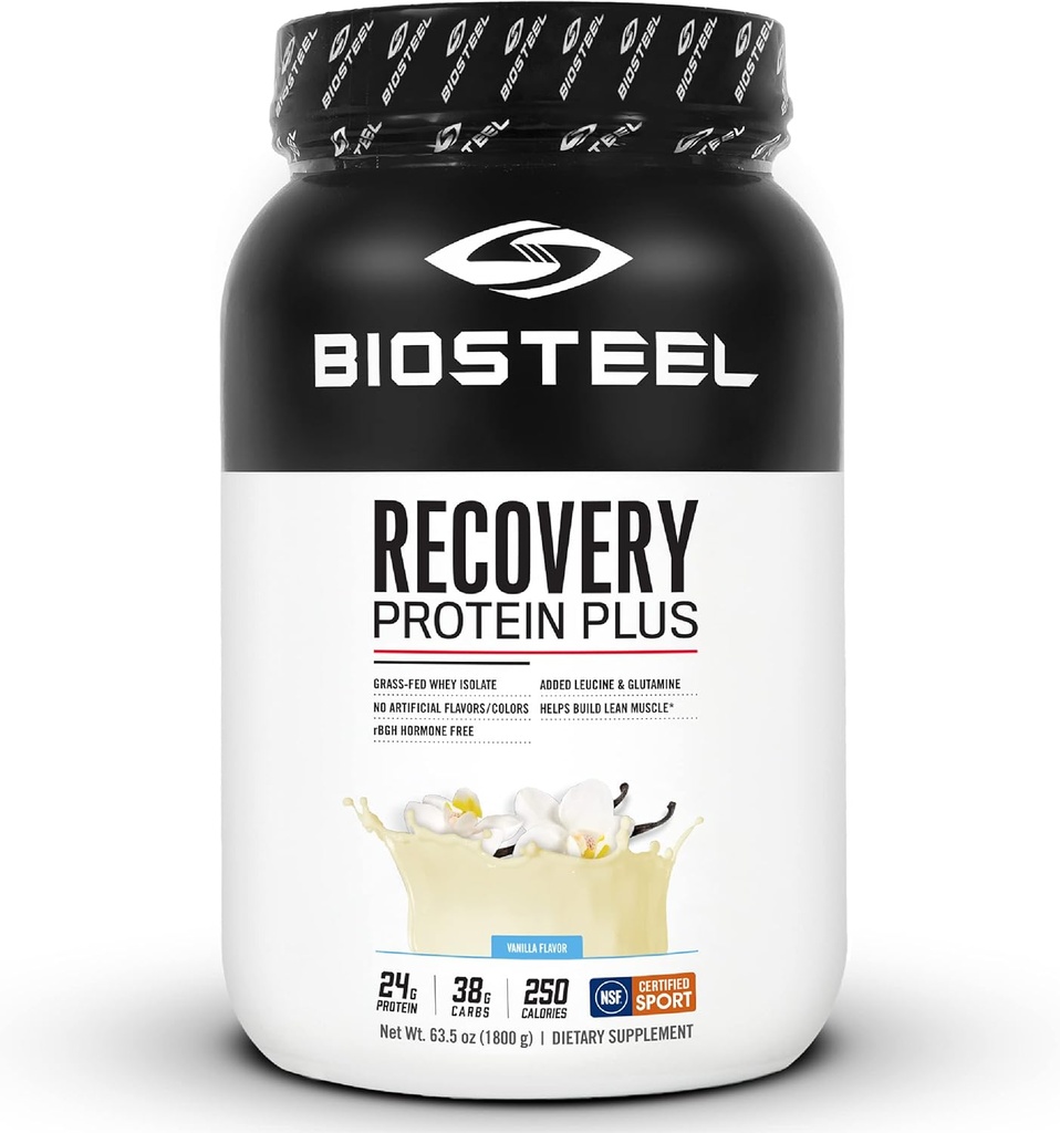 BIOSTEEL Recovery Protein Plus Powder Supplement, Grass-Fed och Non-GMO Formel, Vanilla, 27 portioner