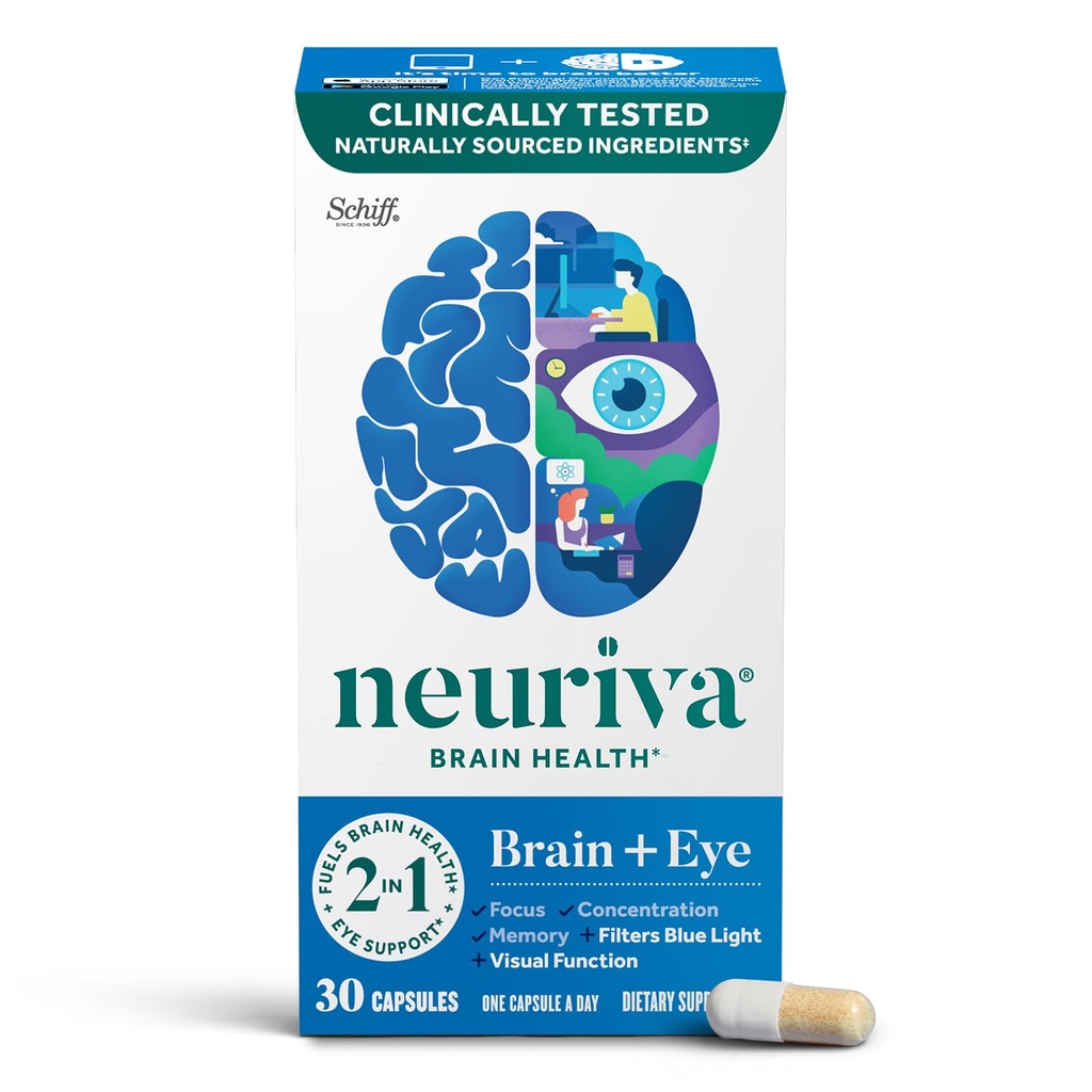 NEURIVA Brain + Eye Supplement for Memory, Focus & Concentration with Lutein & Vitamins A C E and Zinc for Eye Health & Zeaxanthin to Filter Blue Light, 30ct Capsules