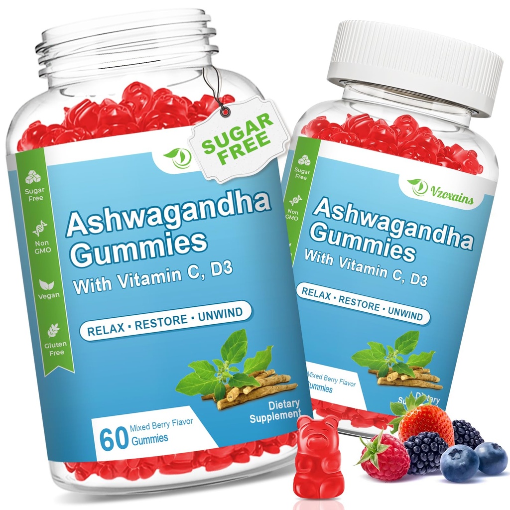 2 Pack Ashwagandha Gummies with Vitamin D for Women & Men, Sugar Free Vegan 1000MG Ashwagandha Supplement Gummy & Vitamin C, 120 Count