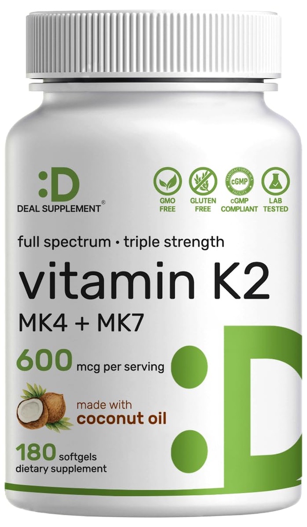 DEAL SUPPLEMENT Vitamin K2 Supplement 600mcg, 180 Coconut Oil Softgels | Full Spectrum High Absorption MK-7 & MK-4 Forms | Ben, Joint & Immune Support - Icke-GMO