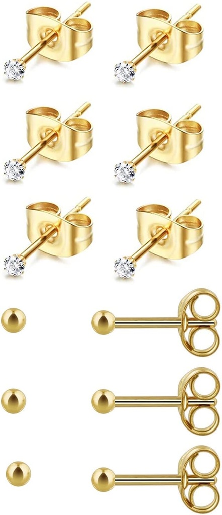 6Pairs 2mm/3mm kirurgiska stålhypoallergena piercingstuds, 20G 14K Real Gold Fylld Tiny Stud Earrings Set för Multiple Hole Piercing (Cubic Zirconia, Pearl, Ball)