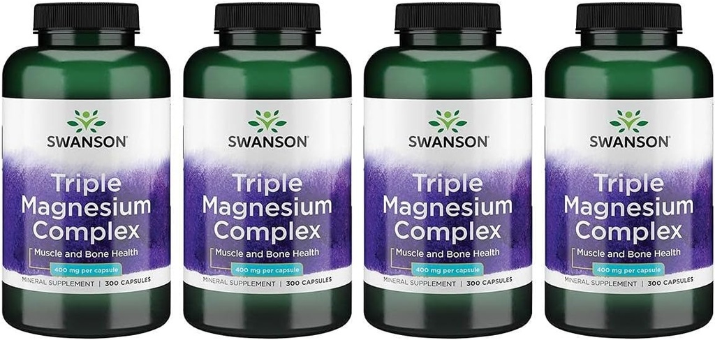 Swanson Triple Magnesium Komplex - Mineral Supplement - Naturligt stöd - Med Citrat, Oxide & Aspartate - (300 kapslar, 400mg Varje, 4 Pack)