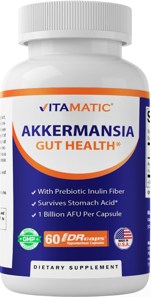 Vitamatic Akkermansia Muciniphila Gut Health - 60 DR-kapslar (fördröjd frisättning) - Tillverkad med prebiotisk inulinfiber