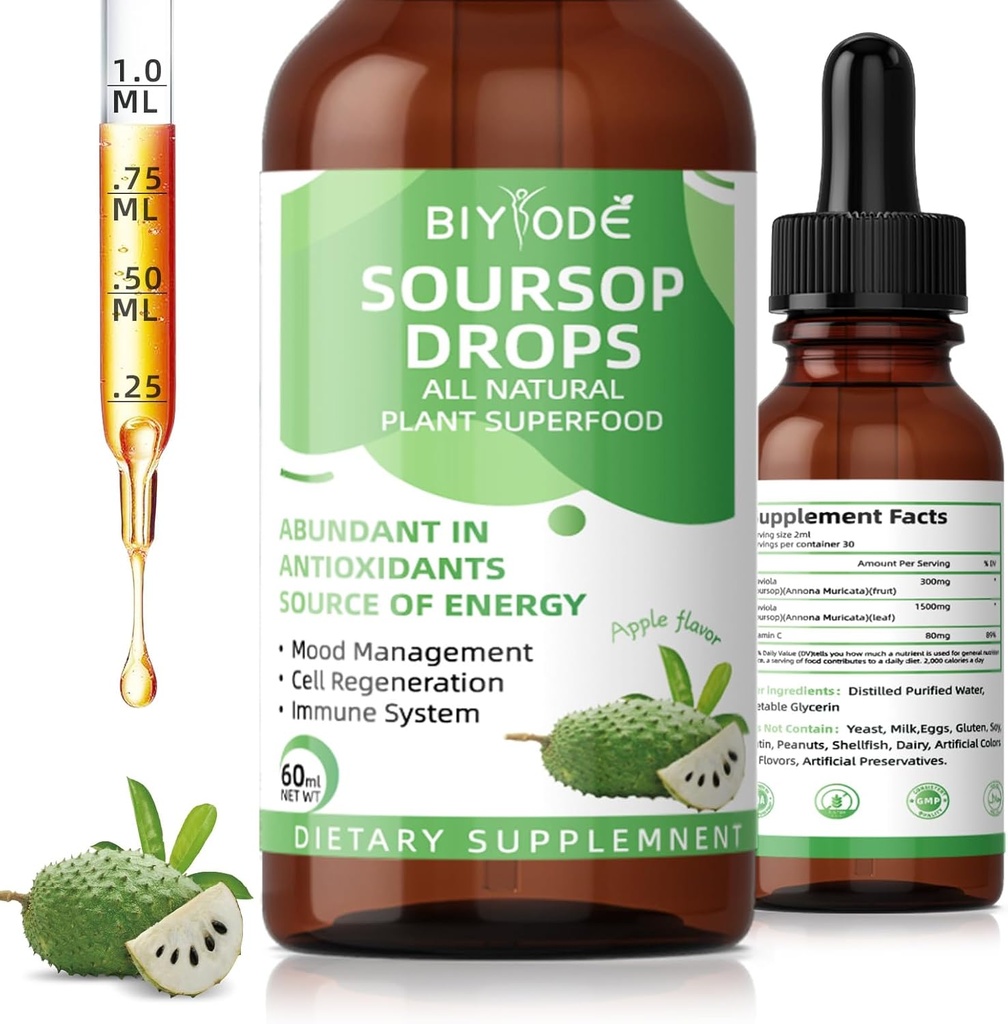 Soursop Graviola Liquid Drops: 1800mg Premium Antioxidant Support för Immune Health Digestion Relaxation Sleep Vegan Gluten Free Sugar Free 1 Fl Oz 30 Day Supply