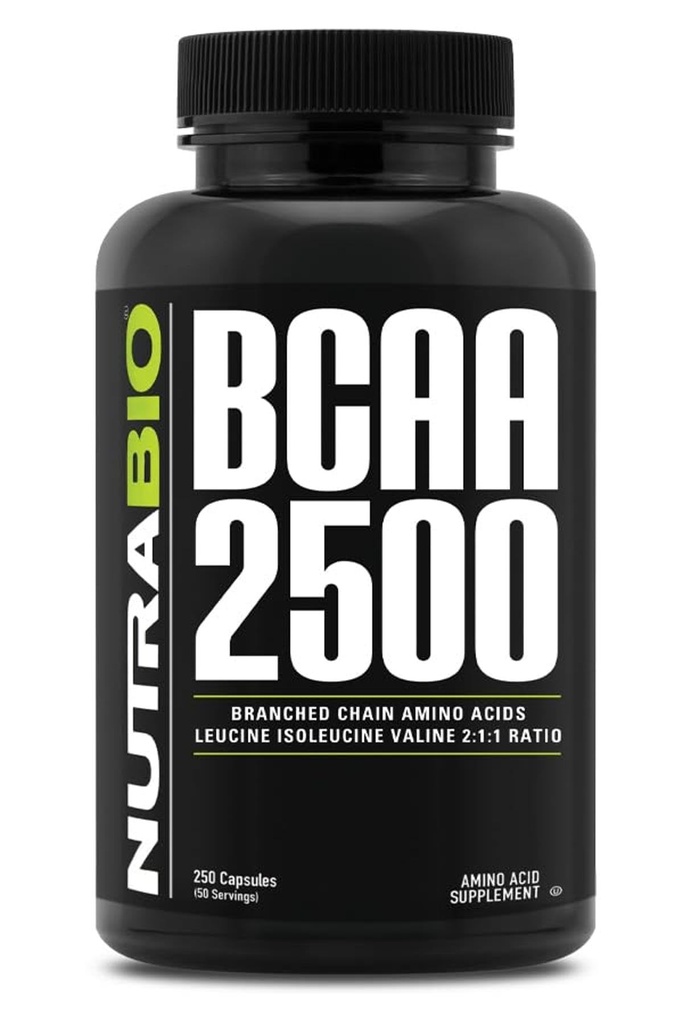 NutraBio - BCAA 2500 - Branched Chain Amino-syror - Stödja ny muskeltillväxt och förebygga muskelavbrott - 250 kapslar