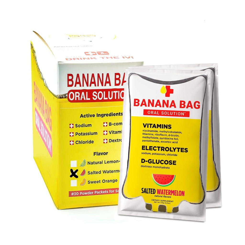 Banana Bag Oral Solution Packets - Salted Watermelon 30pk | En uppfriskande blandning av elektrolyter, vitamin C och B-komplex för hydrering och energi. Bekväm, Easy-to-Mix och Perfekt för daglig användning.