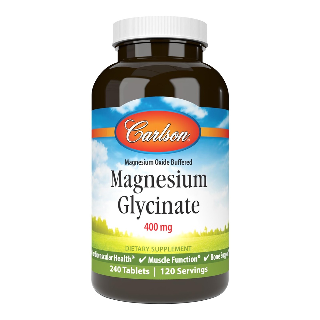 Carlson - Magnesium Glycinate, 200 mg, Superior Absorption, hjärthälsa, muskelfunktion, benstöd, 240 tabletter