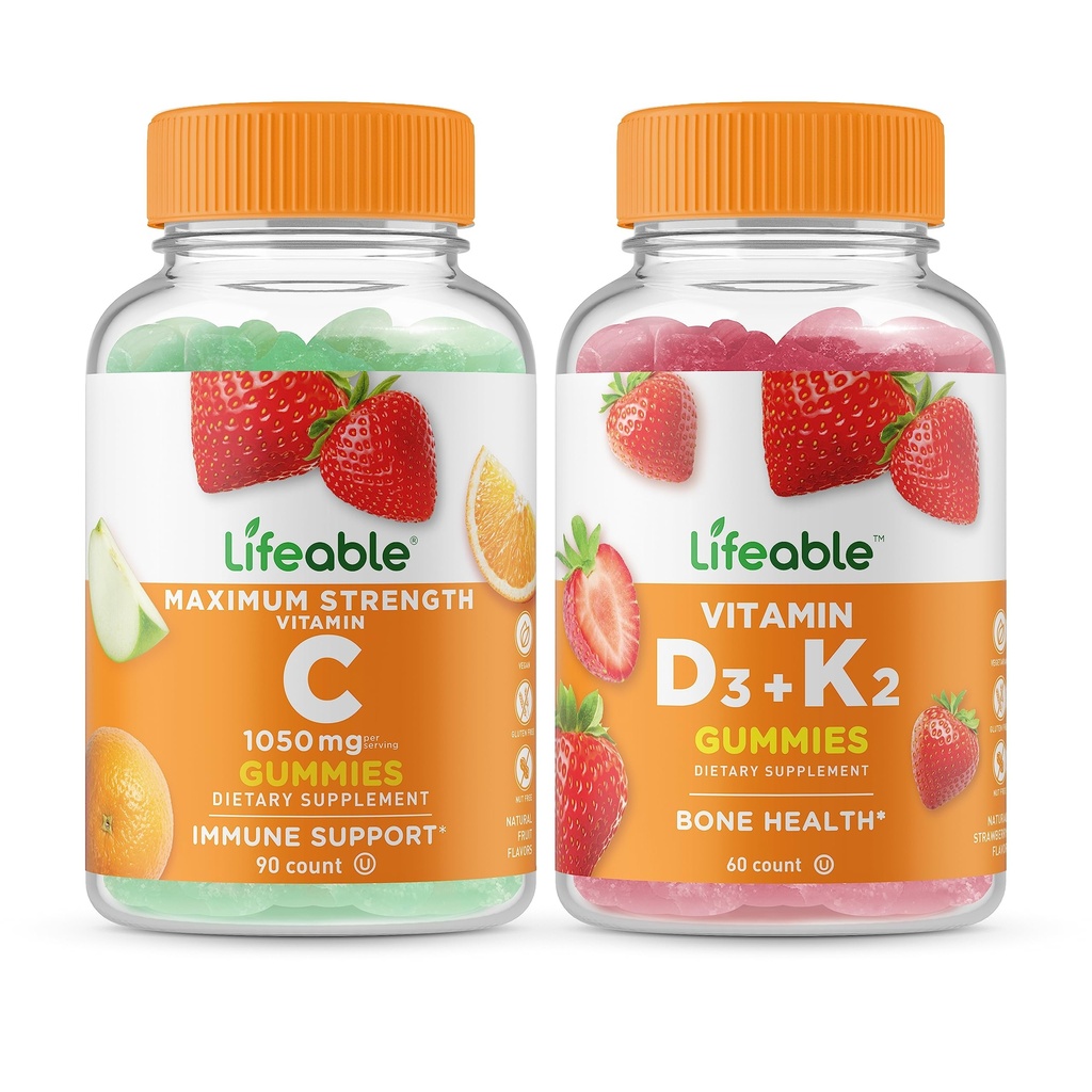 Livlig vitamin C 1050mg + Vitamin D3 + Vitamin K2, Gummies Bundle - Great Tasting, Vitamin Supplement, Gluten Free, GMO Free, Chewable Gummy