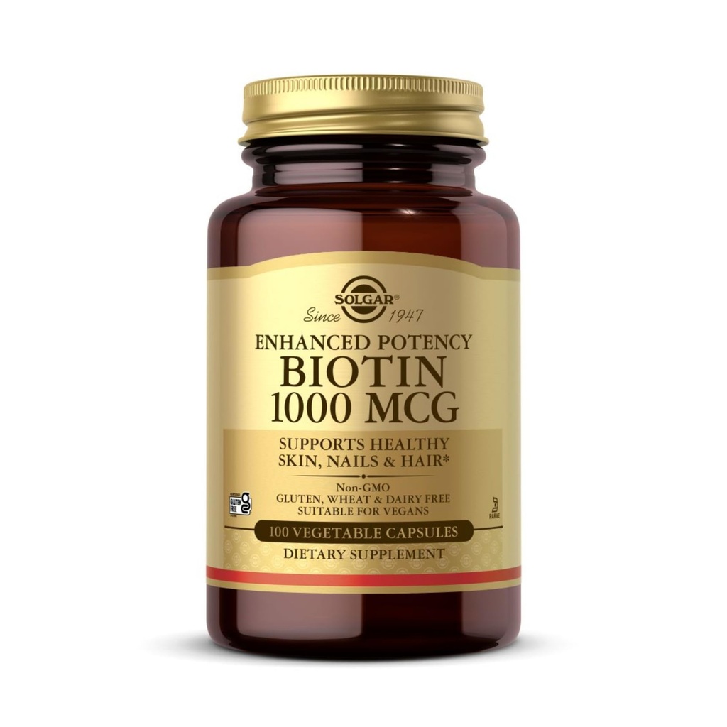 Solgar Biotin 1000 mcg - 100 vegetabiliska kapslar - stöder hälsosam hud, naglar och hår - Icke-GMO, Vegan, Gluten Free, Dairy Free, Kosher - 100 portioner