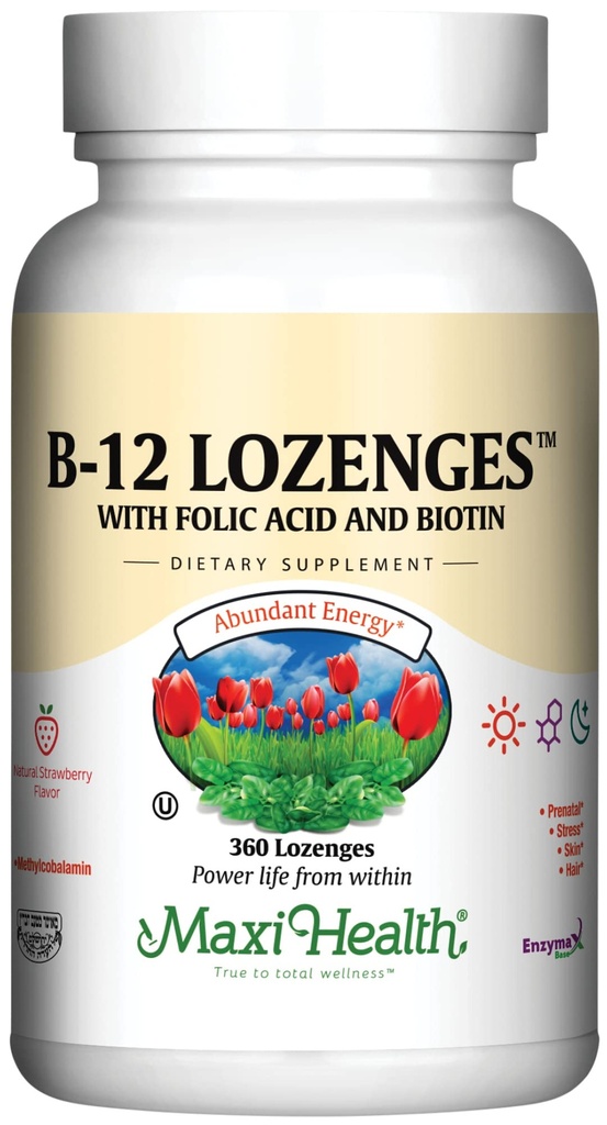 Maxi Health Vitamin B12 Lozenges with Folic Acid and Biotin - Sublingual B12 Vitamins Strawberry Flavor - Vegetarian Kosher B 12 Vitamin for Red Blood Cell Production and Energy (360 Count)