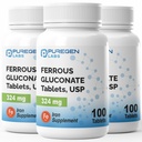 Puregen Labs Ferrous Gluconate 324 mg [High Potency] Järntillskott, Gentle på mage | 3 Pack - 300 tabletter Totalt