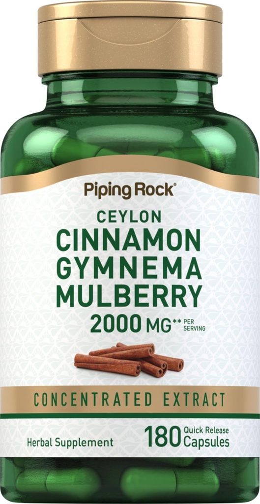 Piping Rock Ceylon Cinnamon Gymnema Mulberry Complex | 2000mg | 180 kapslar | Herbal Supplement | Koncentrerad extrakt | Non-GMO, Gluten Free