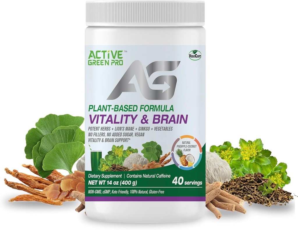 Vitalitet & hjärnpulver, blandning av synergistiska örter, Lion's Mane, Ginkgo och grönsaker, växtbaserad formel, inga fillers, ingen socker tillsatt - 40 portioner