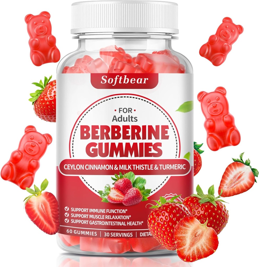 Softbear Berberine med Ceylon Cinnamon Gummies Organic Berberine HCL 1500mg för Metabolism Immune Health Sugar-Free Berberine Supplements Strawberry Flavored 60 Count