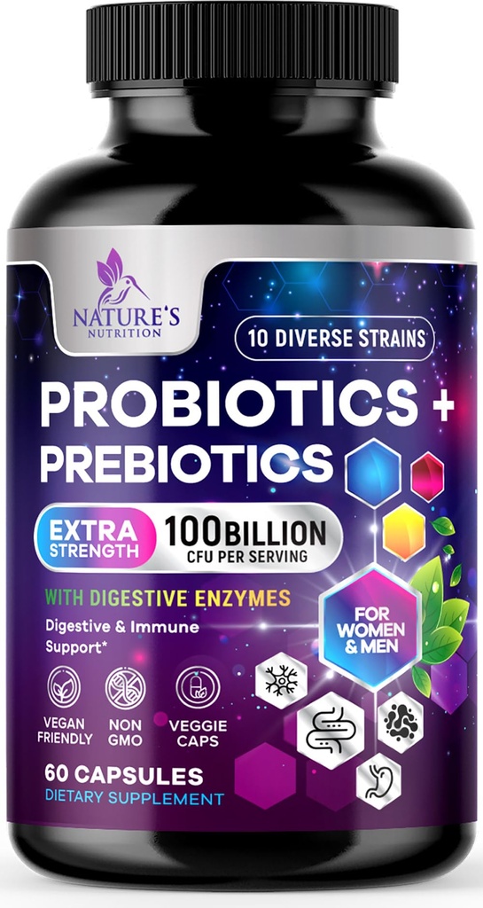 Probiotika för kvinnor och män 60 miljarder CFU - 10 stammar med Lactobacillus, Digestive Gut Health Probiotics & Immune Support Supplement, Stöder Occasional Constipation, Gas & Bloating - 60 kapslar