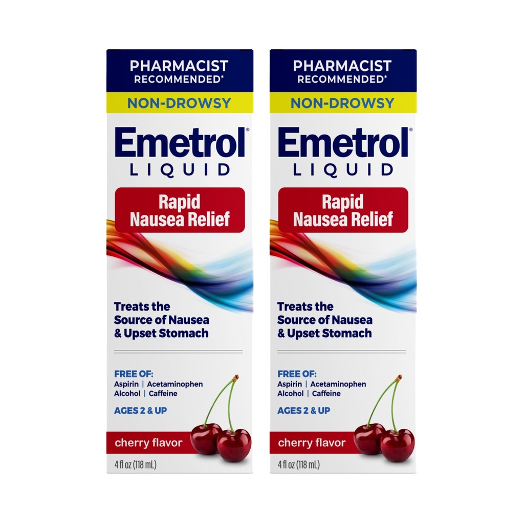 Emetrol Non-Drowsy Liquid Nausea Relief - Upprörd magmedicin - farmaceut rekommenderad illamående - Cherry Flavor - 4fl oz, 2 Pack
