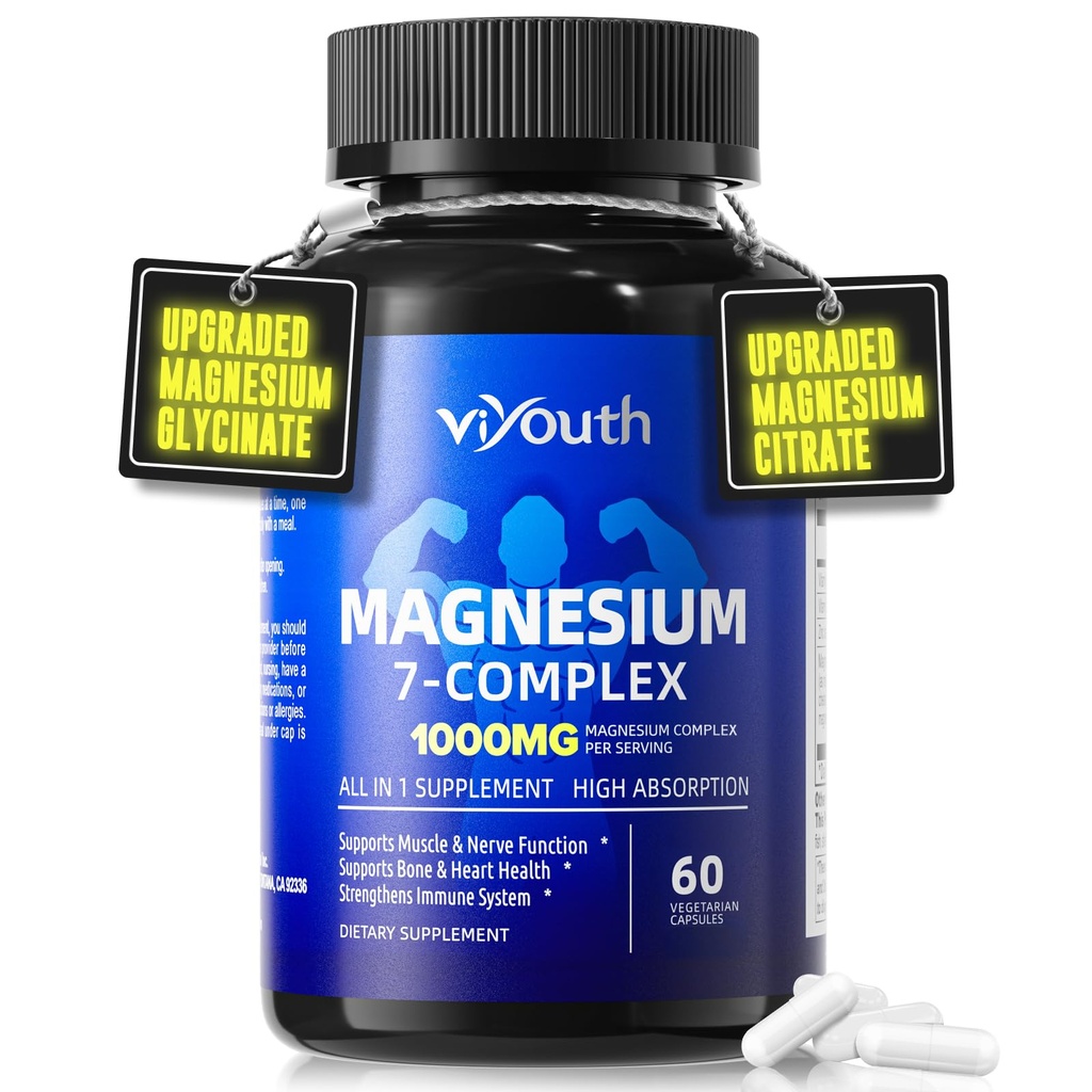 Magnesium 7 Komplex Tillägg Avancerat med Glycinate Citrate Malate Chelate Taurate Orotate Aspartate, kapslar med Zink, Vitamin D3 & B6 för sömn, muskelavlastning, 60 kapslar