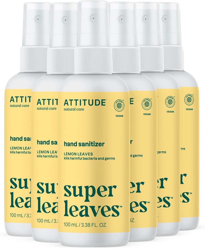 ATTITUDE Hand Sanitizer Spray för vuxna och barn, EWG Verified, Kills Bacteria och Germs, Vegan, Lemon Leaves, 3.38 Fl Oz (Spray Bottle) (Pack of 6)