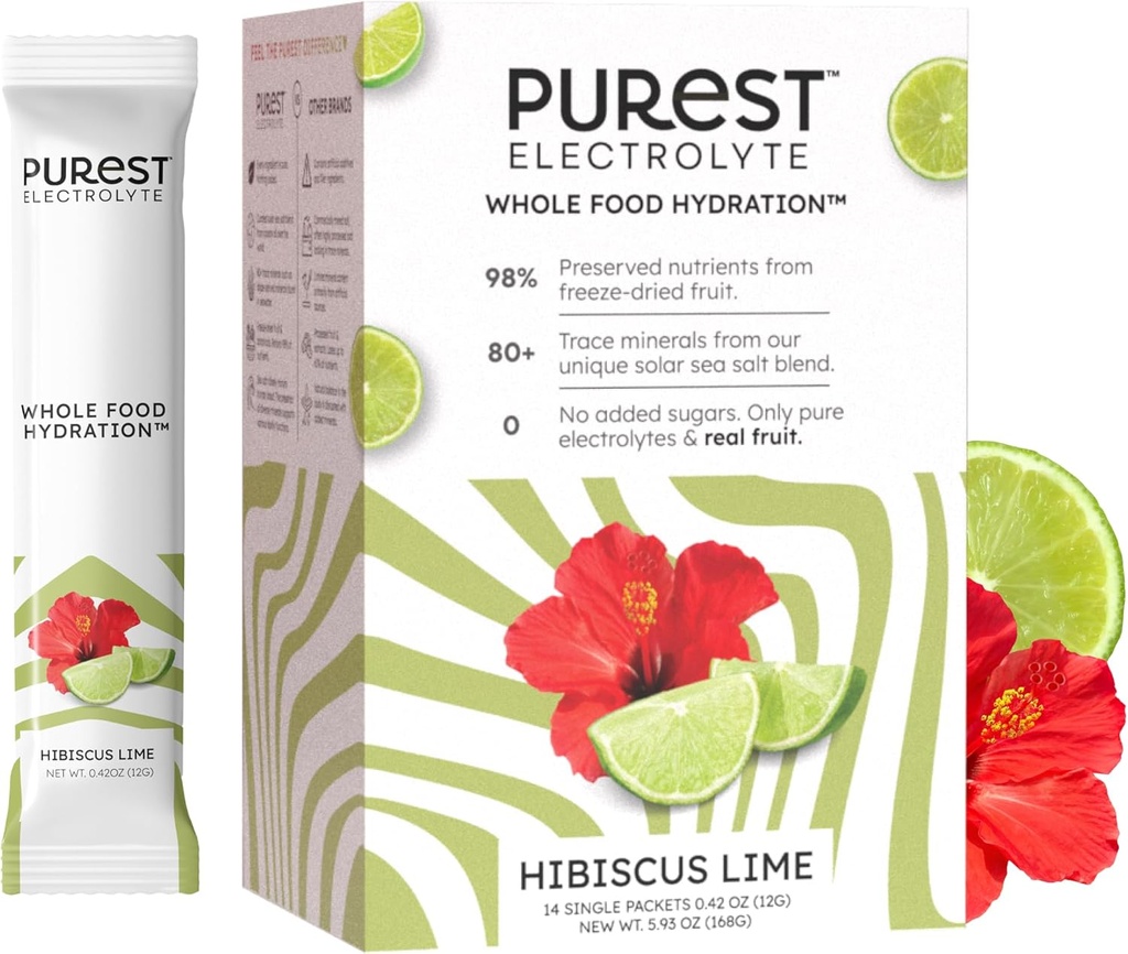 Känd Brainer Purest Electrolyte Hibiscus Lime Powder Packets - Whole Food Hydration - Organic Freeze-Dried Fruits och Solar Sea Salts för Ultimate Electrolyte Balance