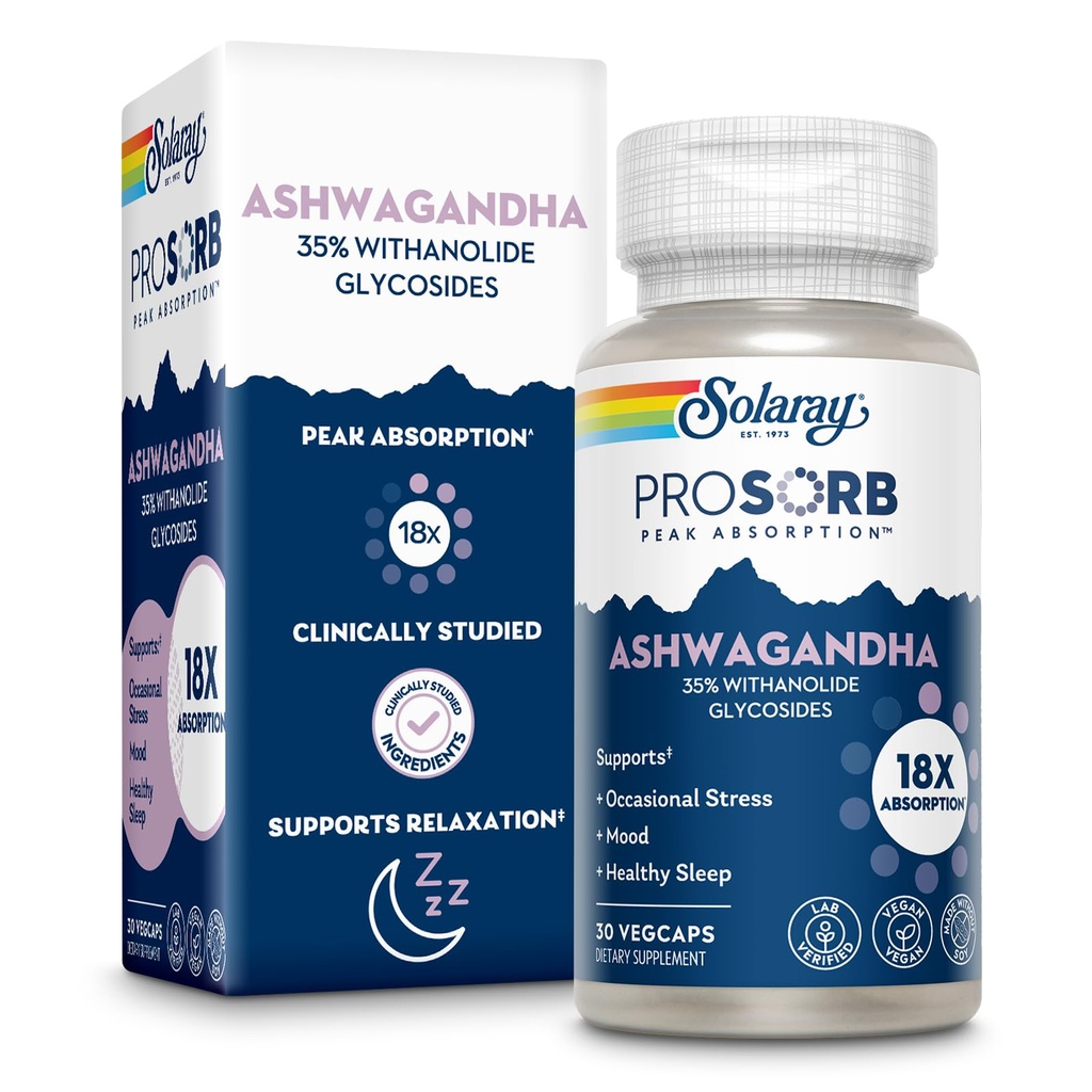 SOLARAY Ashwagandha Capsules 18X Absorption - Ashwagandha Root och Leaf Extract 240 mg - Occasional Stress Relief and Mood Support Supplement - Vegan, 60-dagars garanti - 30 portioner, 30 VegCaps