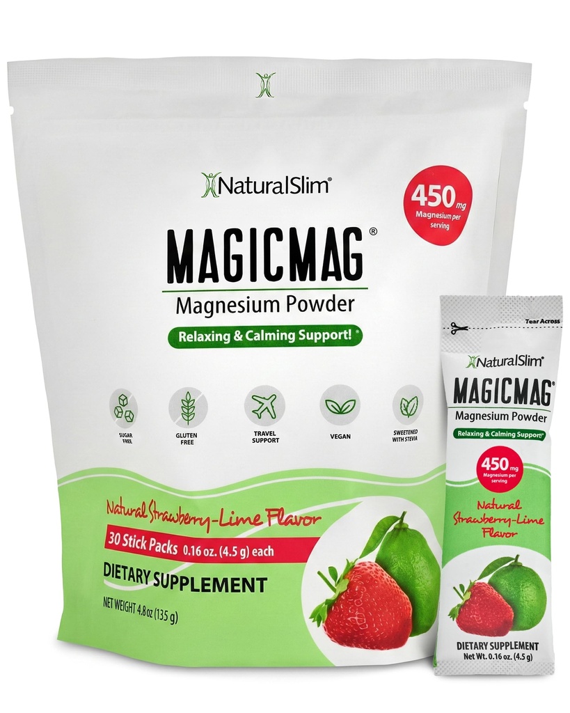 NaturalSlim MagicMag Magnesium Packets 30 Stick Pack Magnesium Citrate Powder - Stress, förstoppning, muskel, hjärthälsa och sömnstöd | Naturlig jordgubb & Lime smaksatt Magnesium Supplement