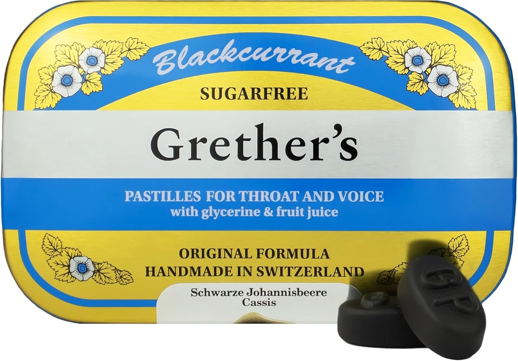 GRETHER'S Sugarfree Blackcurrant Pastilles - Natural Dry Mouth Relief - Soothing Throat & Healthy Voice - Gift for Singers - 3.75 oz. 1 Pack