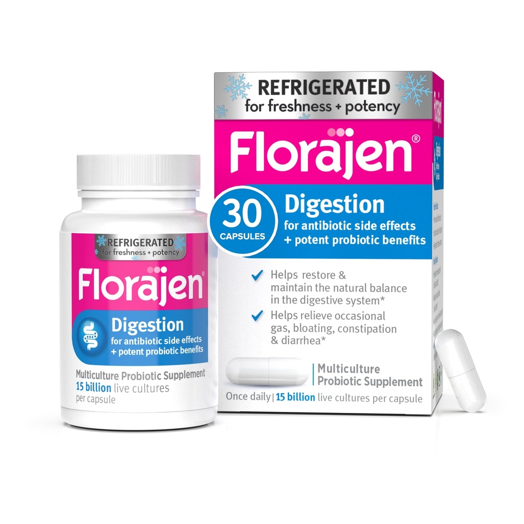 Florajen Digestion Probiotics, Gut Health Supplement med förstoppning och uppblåst lindring för vuxna, 30 greve (kyld)