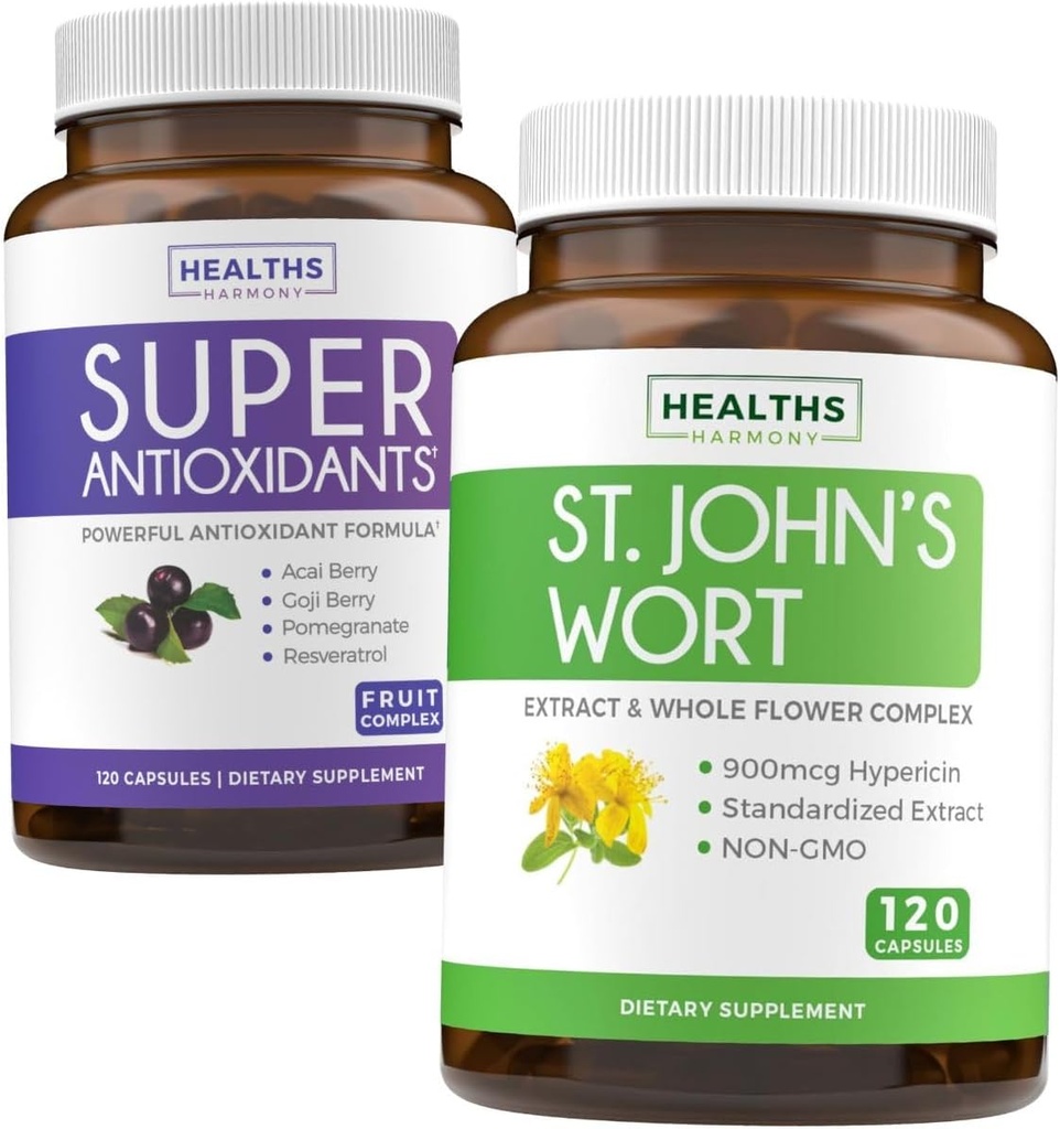 Antioxidanter & St John's Wort (2-månaders leverans) Serenity Antioxidant Blend - Super Antioxidanter - Kraftfull Super Food Daily Blend (120 Caps) & St John's Wort - Kraftfull 9000mcg Extract (120 Caps)