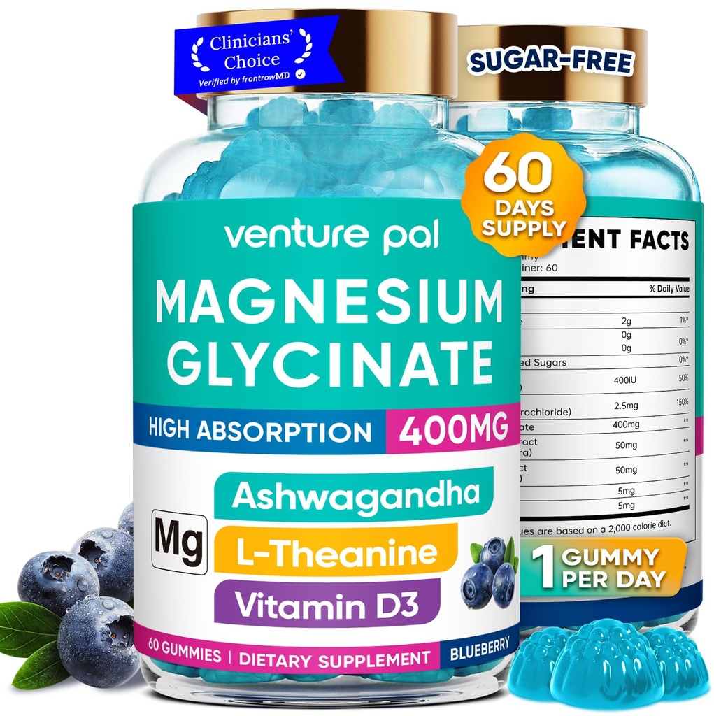 60 Day Supply Magnesium Glycinate 400mg Gummies med Ashwagandha, L-Theanine, CoQ10, Vitamin D3 & B6, Sugar Free Magnesium Gummies för vuxna och barn, stressavlastning, sömn och lugn, Vegan, Gluten Free