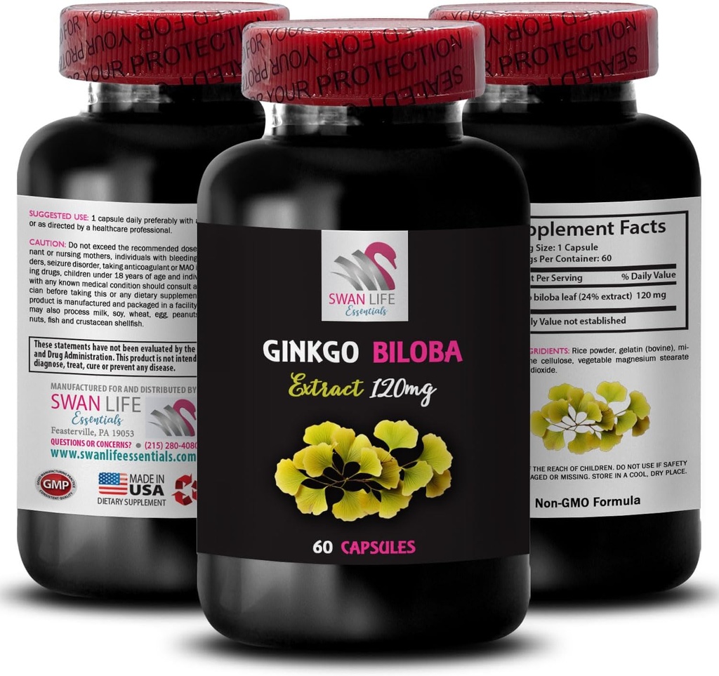 Ginkgo biloba Supplement - Ginkgo BILOBA Extract - Naturlig antioxidant Extract, Herbal antioxidant Support, Ginkgo biloba Fördelar, Botaniska extrakt Supplement, Plant-Based antioxidant 1 Bot 60 Caps