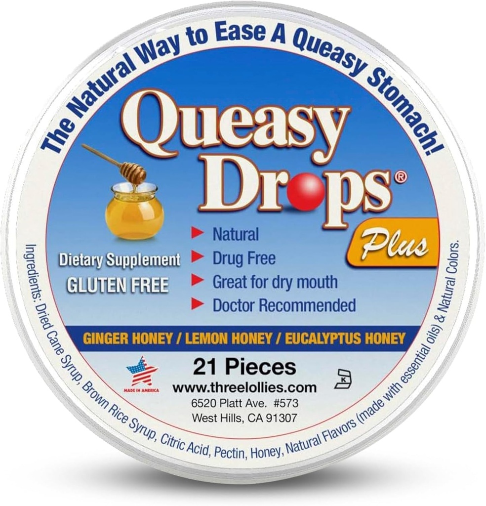 Tre Lollies Queasy Drops Plus - Lozenges med Pectin & Honung för att lugna en torr mun - lindra Nausea & Motion Sickness - Naturlig - 21 ct