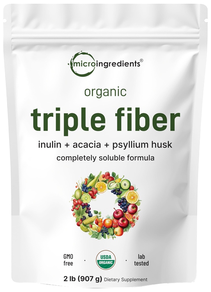 Micro Ingredients Organic Triple Fiber Powder, 2lb | Natural Prebiotic för att stödja Digestive & Gut Health | Löslig, Lätt Digestible | Osmakad, Vegan
