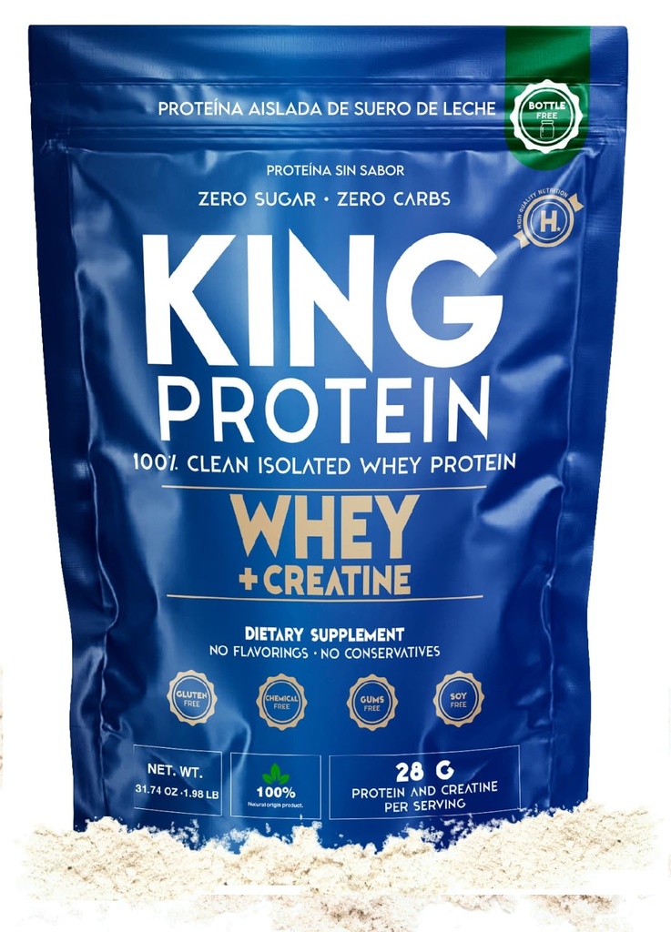 Clean Unflavored Whey Isolate Protein Powder med Kreatin | 23g plus 5g Kreatin & Organisk BCAA per portion | 100% Naturlig | Inga kolhydrater | Konserveringsmedel, GMO, Soy & Gluten Free, 30 portioner