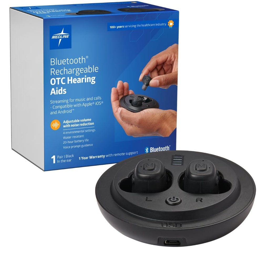 Medline Bluetooth Rechargeable OTC Hearing Aids, in-The-Ear, 4 Miljöinställningar, Vattenresistent, Justerbar volym, Mild till måttlig hörselnedsättning, bullerreducering, öronhörselhjälpmedel