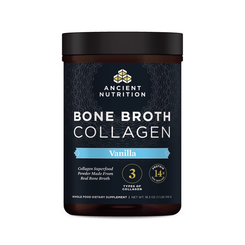 Ancient Nutrition Collagen Powder, Bone Broth Collagen, Vanilla, Hydrolyzed Multi Collagen Peptides, stöder hud och naglar, Joint Supplement, 30 portioner, 18.3oz