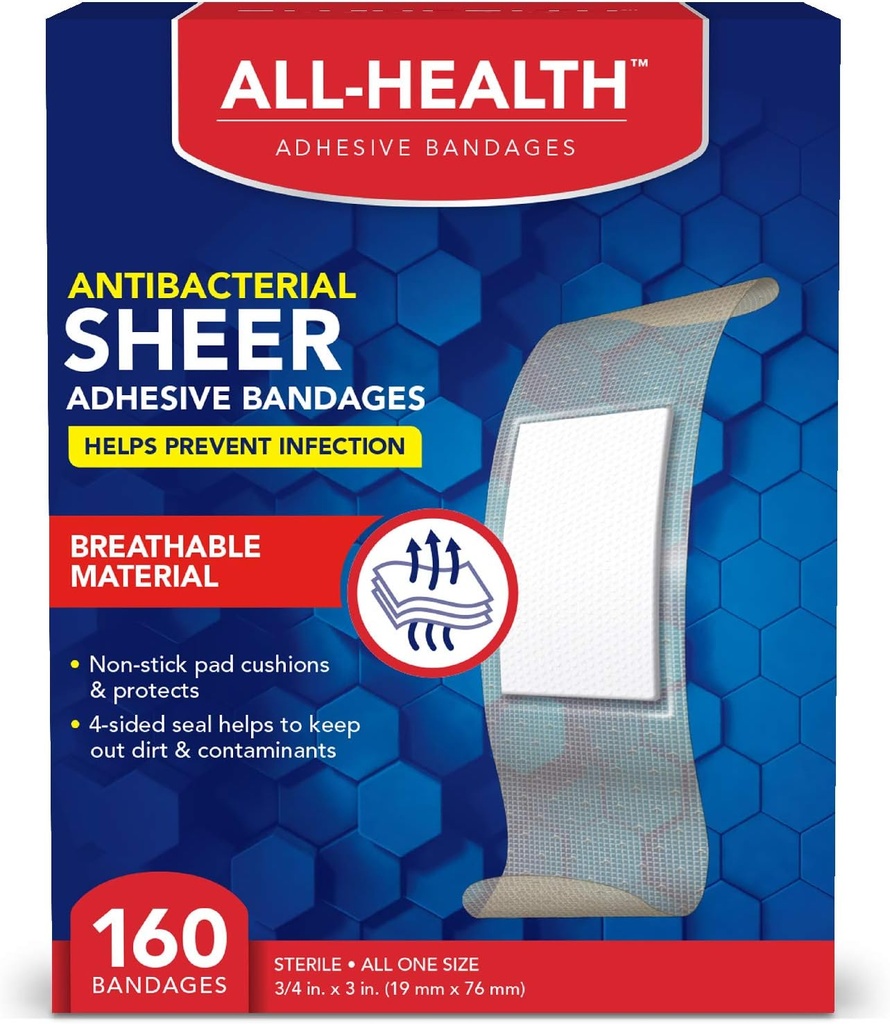 All Health Antibacterial Sheer Adhesive Bandages, 3/4 i x 3 i, 160 ct | Hjälper till att förebygga infektion, extra stort bekvämt skydd för första hjälpen och sårvård