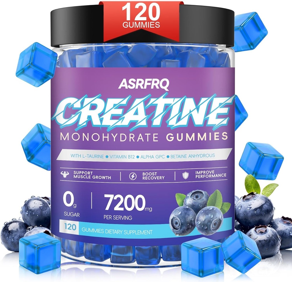 Kreatinmonohydrat Gummies för män och kvinnor 120 CT - 7200 mg kreatinmonohydrat per servering, tuggbar kreatinmonohydrat för muskelstöd och energiökning, sockerfri, Vegan (BlueberryFlavor)
